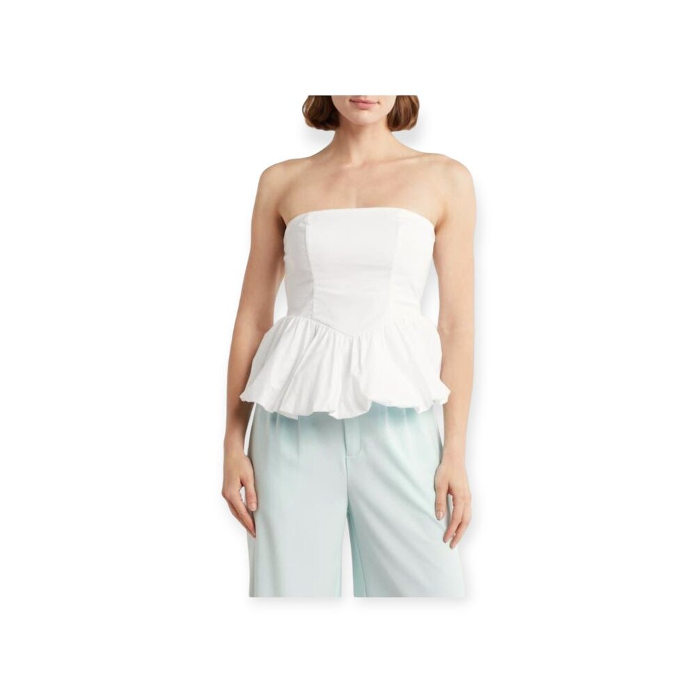 Leith White Strapless Corset Bubble Hem Top Cotton Stretch Size L NWOT Fitted